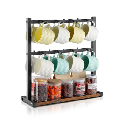 MUG-XM002 - Stylish 16 Hook Coffee Mug Rack with Wood Base Organizer