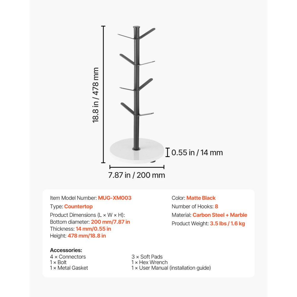 MUG-XM003 - 8-Hook Mug Tree with Marble Base for Space Saving