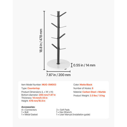 MUG-XM003 - 8-Hook Mug Tree with Marble Base for Space Saving