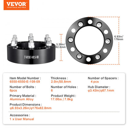 6550-6550-E-108-09 - VEVOR 2" 6-Lug Black Wheel Spacers for Stability