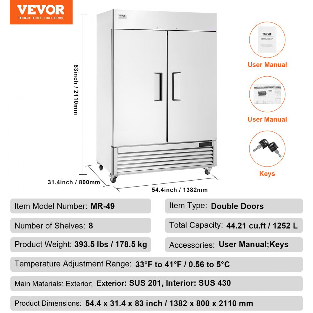010217699116 - VEVOR 44.21 Cu.ft Stainless Steel Refrigerator with 2 Doors