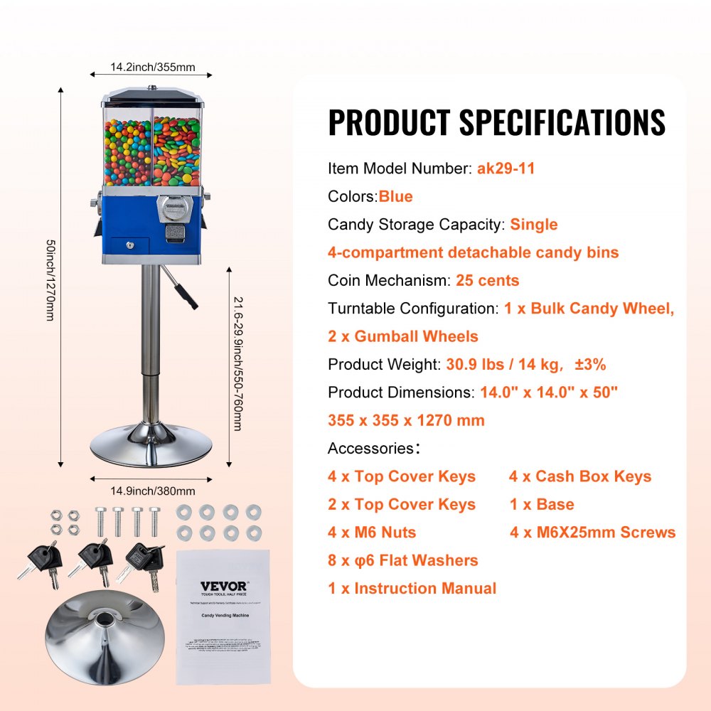 ak29-11 - Durable VEVOR Gumball Machine for Schools & Homes, Easy 25¢ Dispense
