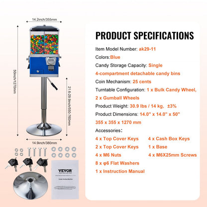 ak29-11 - Durable VEVOR Gumball Machine for Schools & Homes, Easy 25¢ Dispense