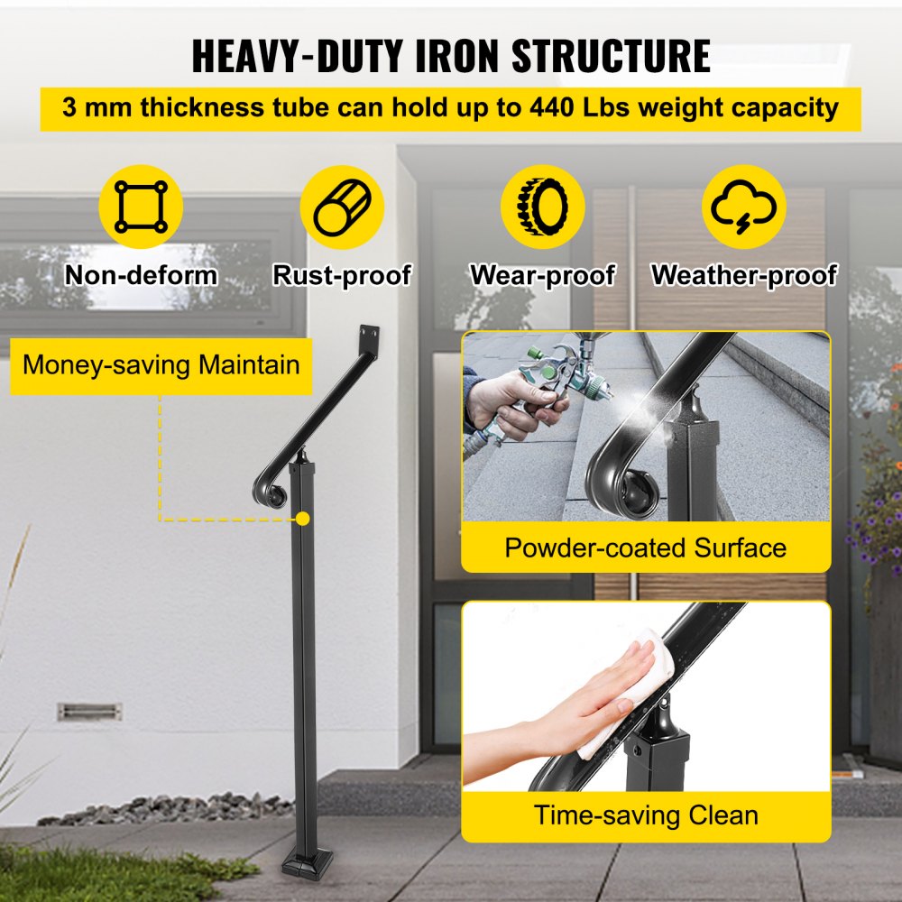 010953049893 - Wrought Iron Handrail for 1 Step, 52.4" Extension, Rust-Proof