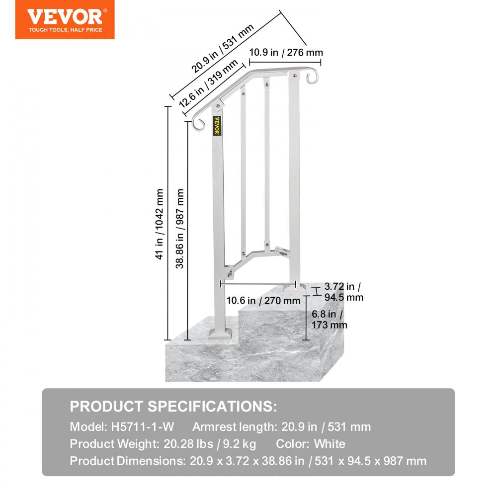 Picket#1 - Wrought Iron Handrail for 1-2 Steps, 11.8" Long