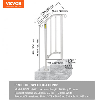 Picket#1 - Wrought Iron Handrail for 1-2 Steps, 11.8" Long