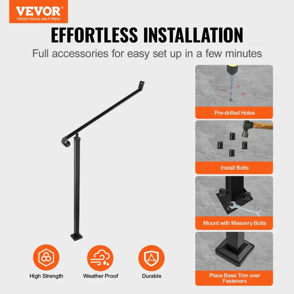 010523109501 - Durable Wrought Iron Handrails for 2-3 Steps, Easy Install
