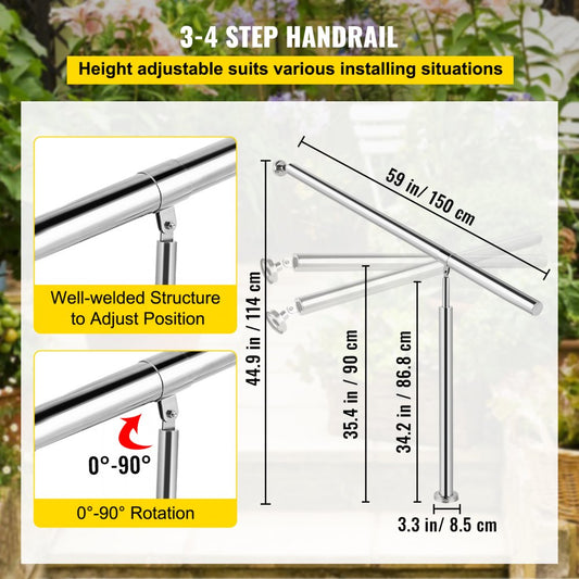 010661669203 - 304 Stainless Steel Handrail for 3-4 Steps, Rust-Proof Design