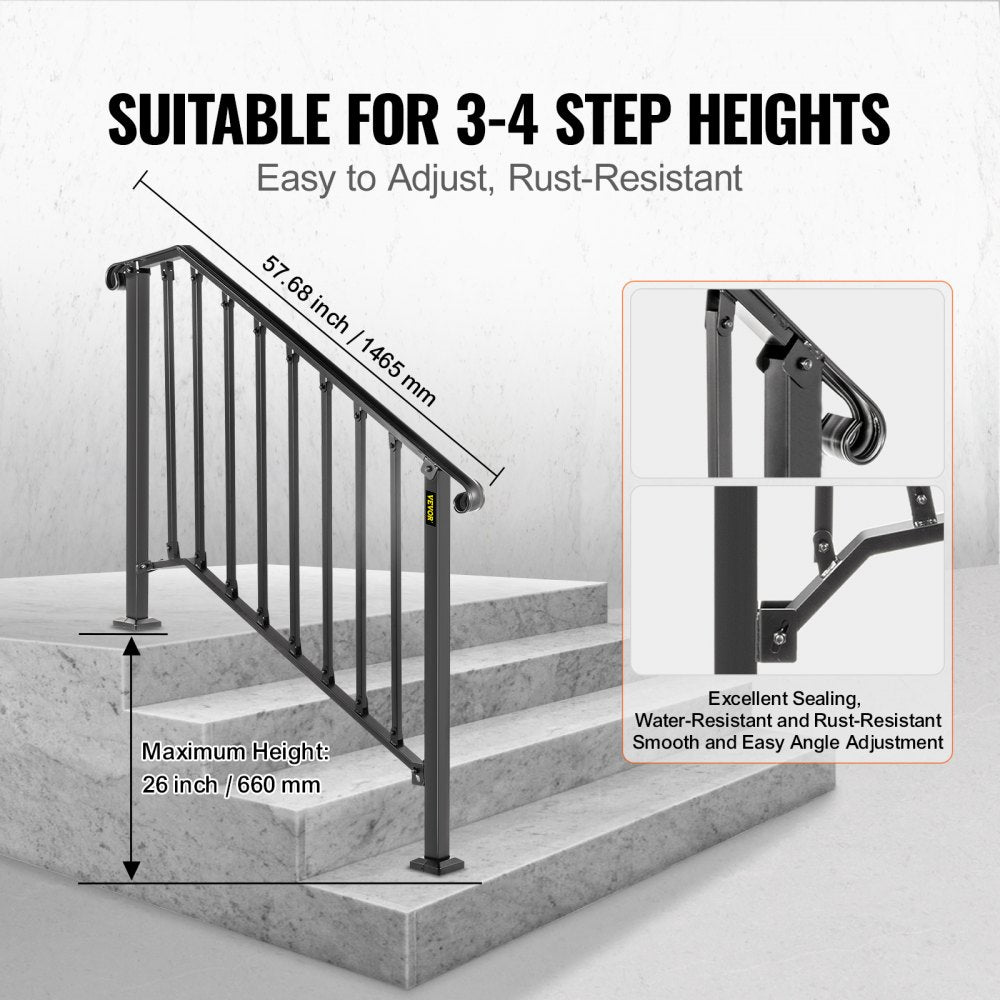 Picket#3 - Durable Wrought Iron Handrail for 3-4 Steps, Rustproof Design