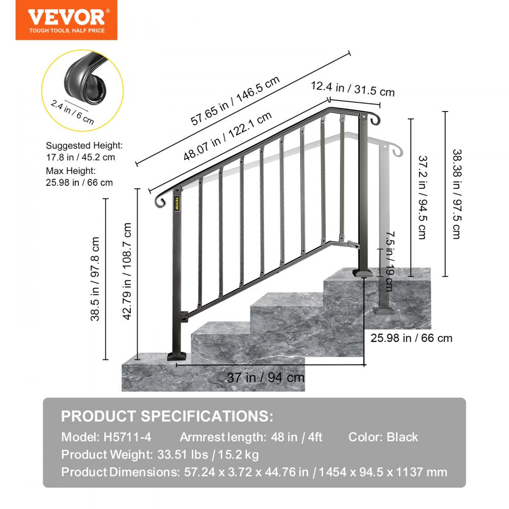 Picket#3 - Durable Wrought Iron Handrail for 3-4 Steps, Rustproof Design
