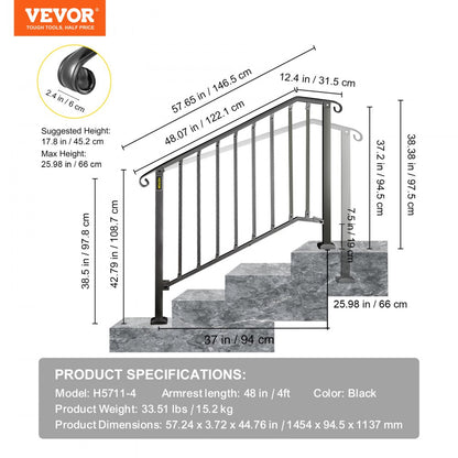 Picket#3 - Durable Wrought Iron Handrail for 3-4 Steps, Rustproof Design
