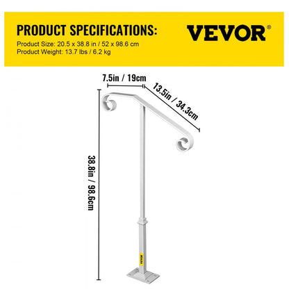 010873414291 - Stylish Wrought Iron Single Post Handrail for 1-2 Steps
