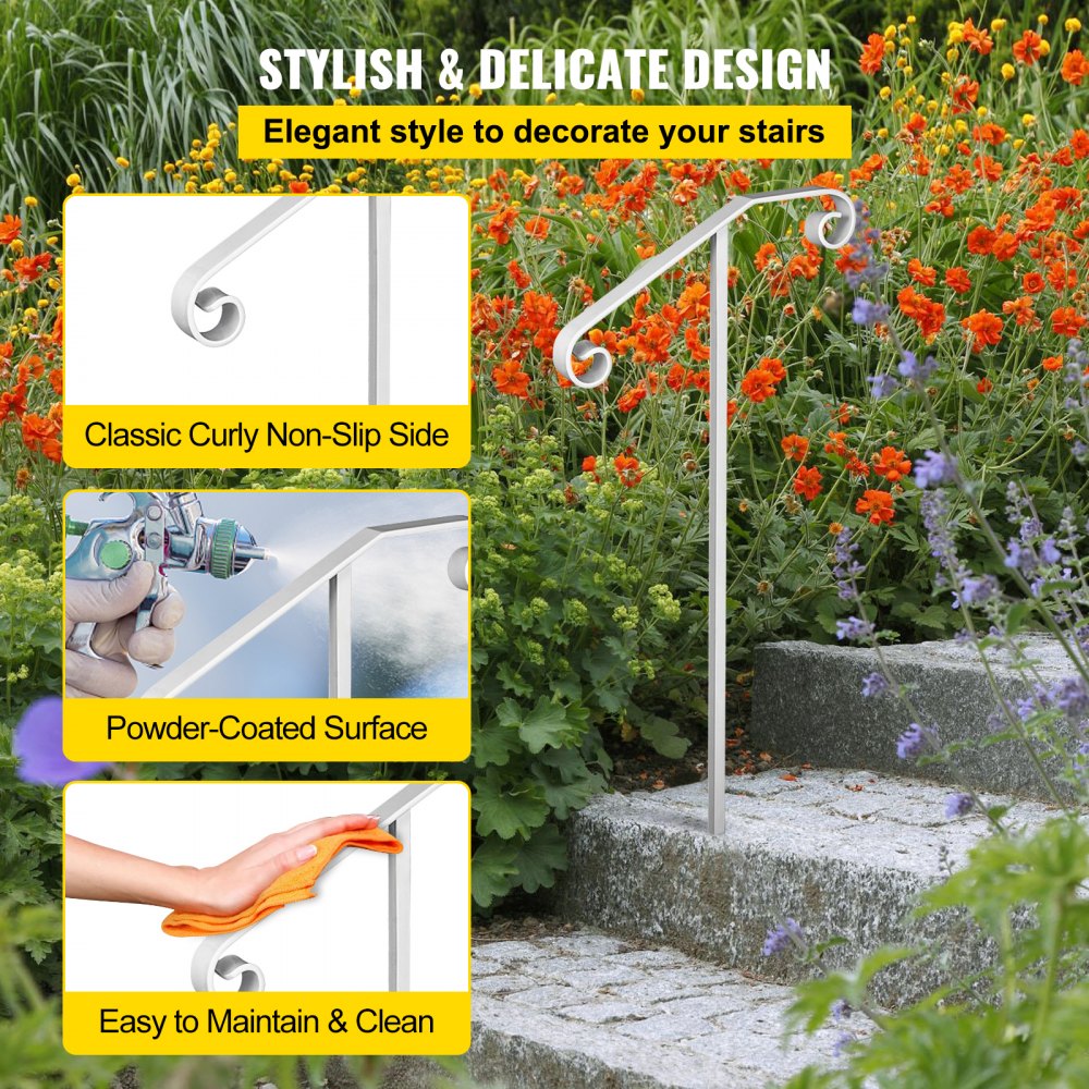 010597908624 - Sturdy Wrought Iron Single Post Handrail for Steps