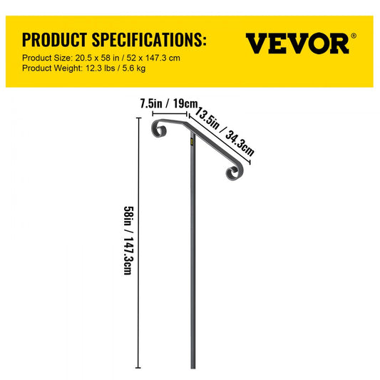 010868936301 - Stylish Wrought Iron Single Post Handrail for 1-2 Steps