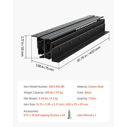 4801.400.BK - 16" Silent Undermount Drawer Slides for Stair Cabinets