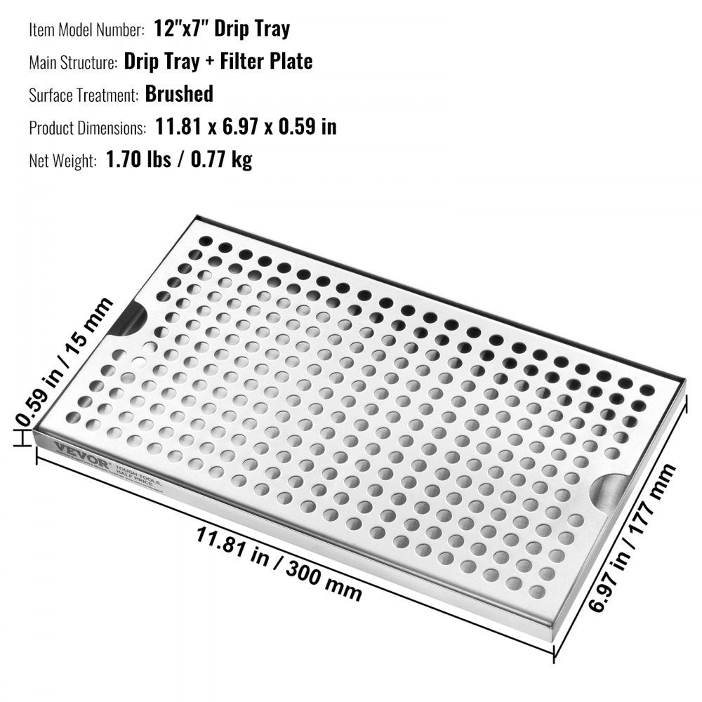 12"x7" Drip Tray - Stainless Steel Beer Tray with Anti-Slip Pads