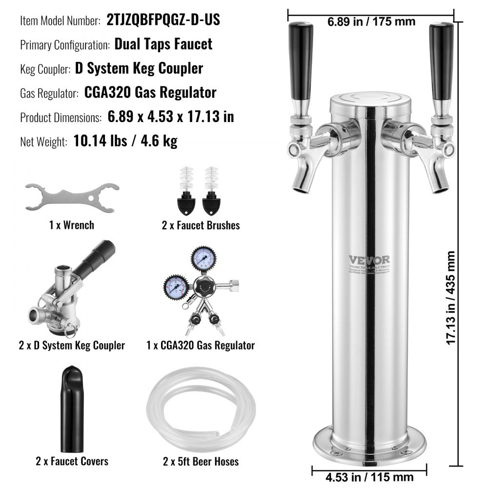2TJZQBFPQGZ-D-US - Dual Tap Stainless Steel Kegerator Tower Kit for Home & Bar