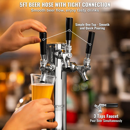 3TJZ - VEVOR Stainless Steel Triple Tap Draft Beer Dispenser for Home & Commercial Use