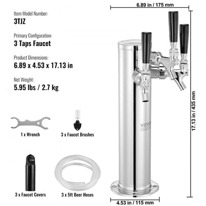 3TJZ - VEVOR Stainless Steel Triple Tap Draft Beer Dispenser for Home & Commercial Use
