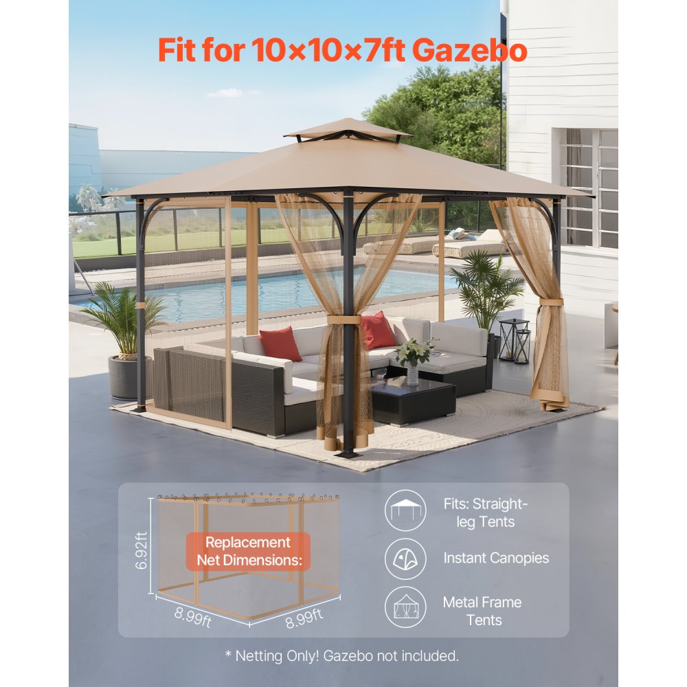 JDM-33BE - Durable 10x10 Gazebo Netting Screen with Zippers & Hooks