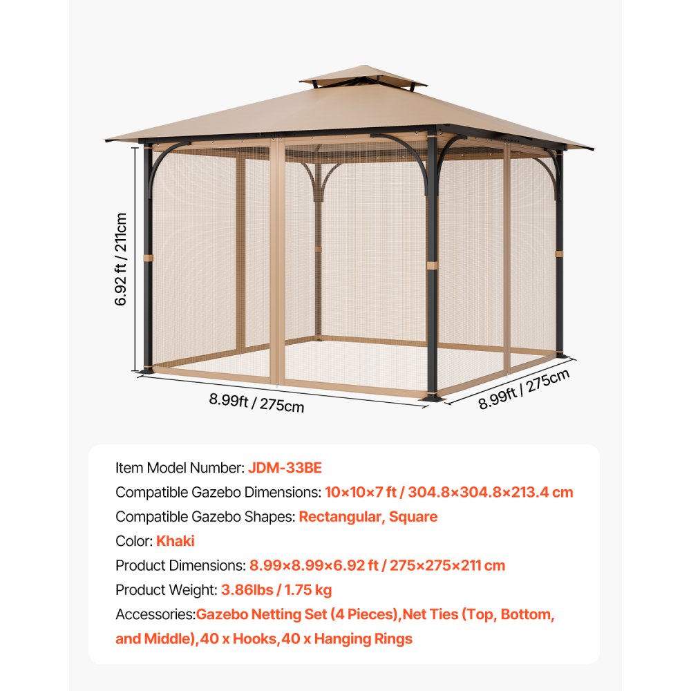 JDM-33BE - Durable 10x10 Gazebo Netting Screen with Zippers & Hooks