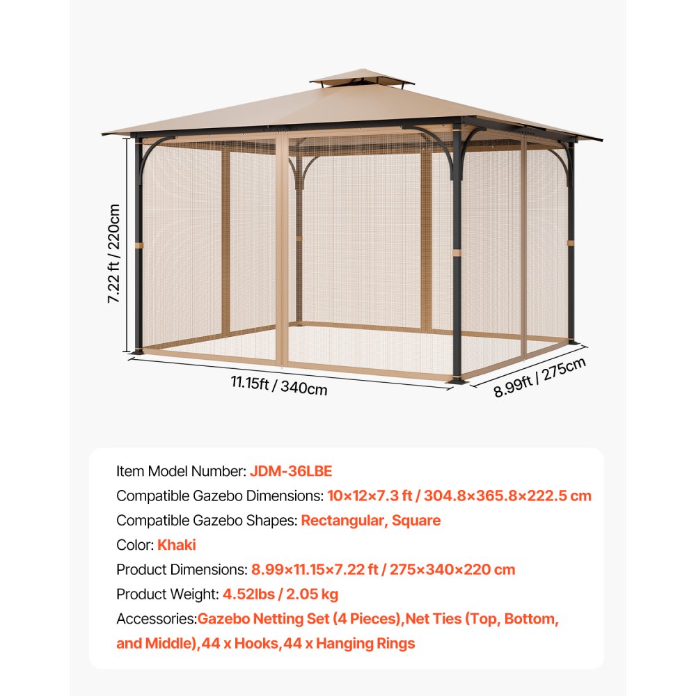 JDM-36LBE - 10x12 ft Polyester Gazebo Netting with Double-Sided Zipper