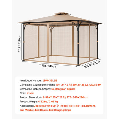 JDM-36LBE - 10x12 ft Polyester Gazebo Netting with Double-Sided Zipper
