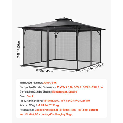 JDM-365K - Durable 12x12 Gazebo Netting with Zipper, Privacy & Easy Setup