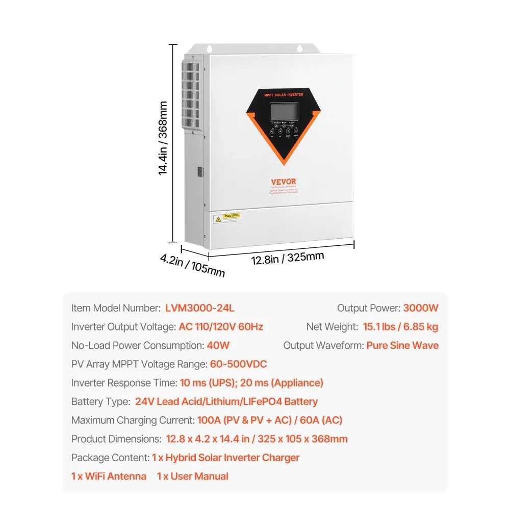 LVM3000-24L - 3000W Hybrid Solar Inverter with WiFi & MPPT Controller