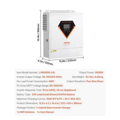 LVM3000-24L - 3000W Hybrid Solar Inverter with WiFi & MPPT Controller