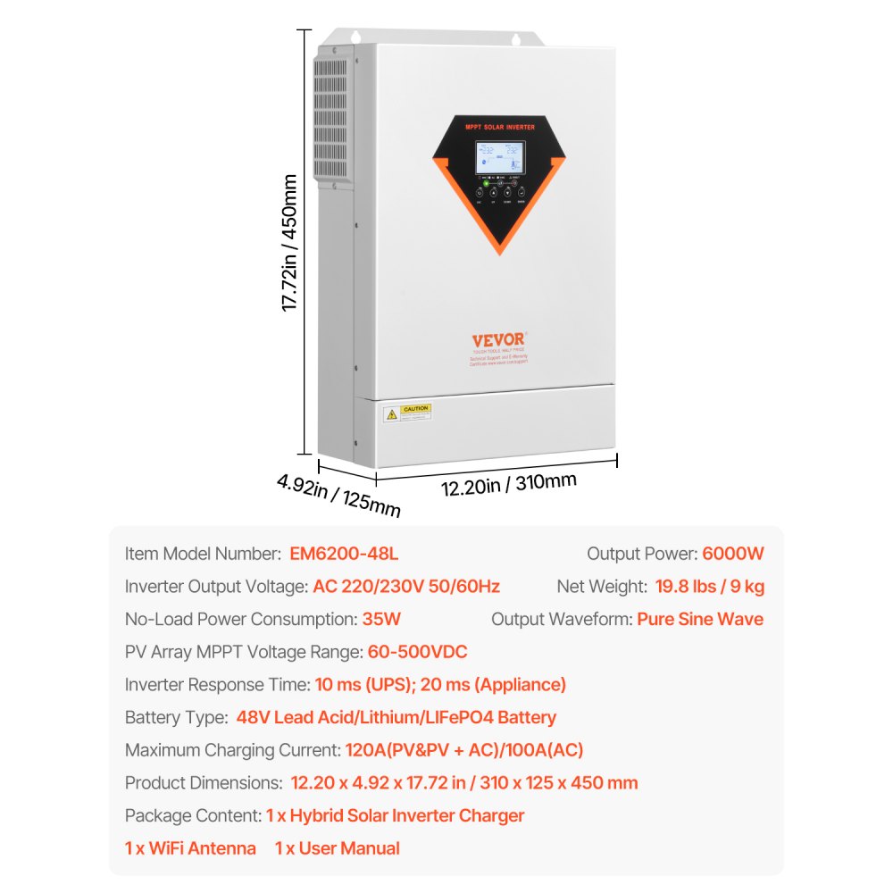EM6200-48L - 6000W Pure Sine Wave Solar Inverter with WiFi контроля