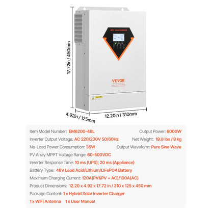 EM6200-48L - 6000W Pure Sine Wave Solar Inverter with WiFi контроля