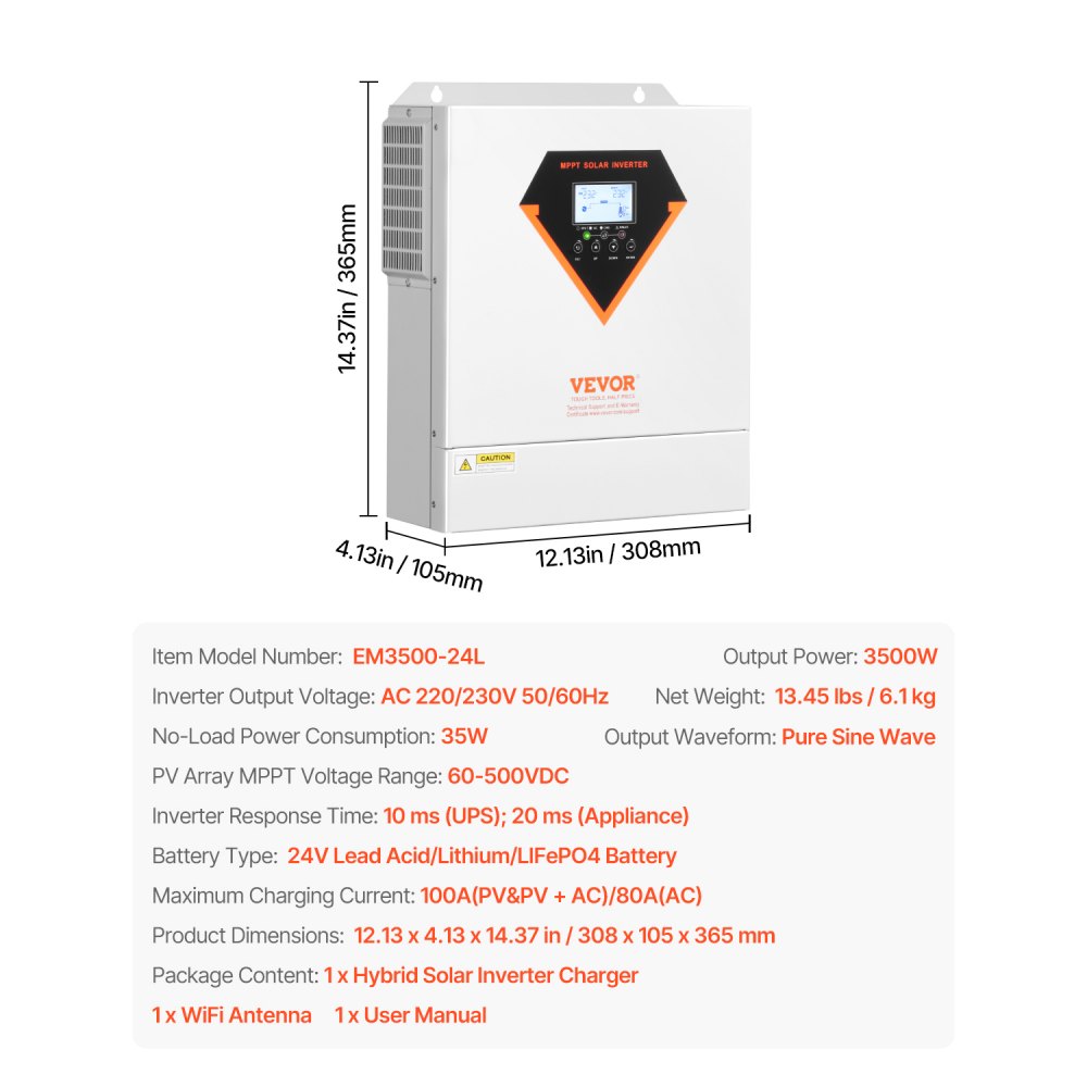 EM3500-24L - 3500W Hybrid Solar Inverter with 100A MPPT Controller