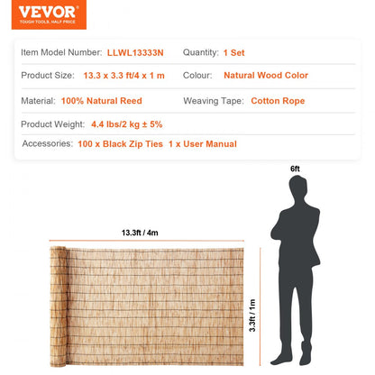 LLWL13333N - 13.3' x 3.3' Natural Reed Privacy Fence Screen