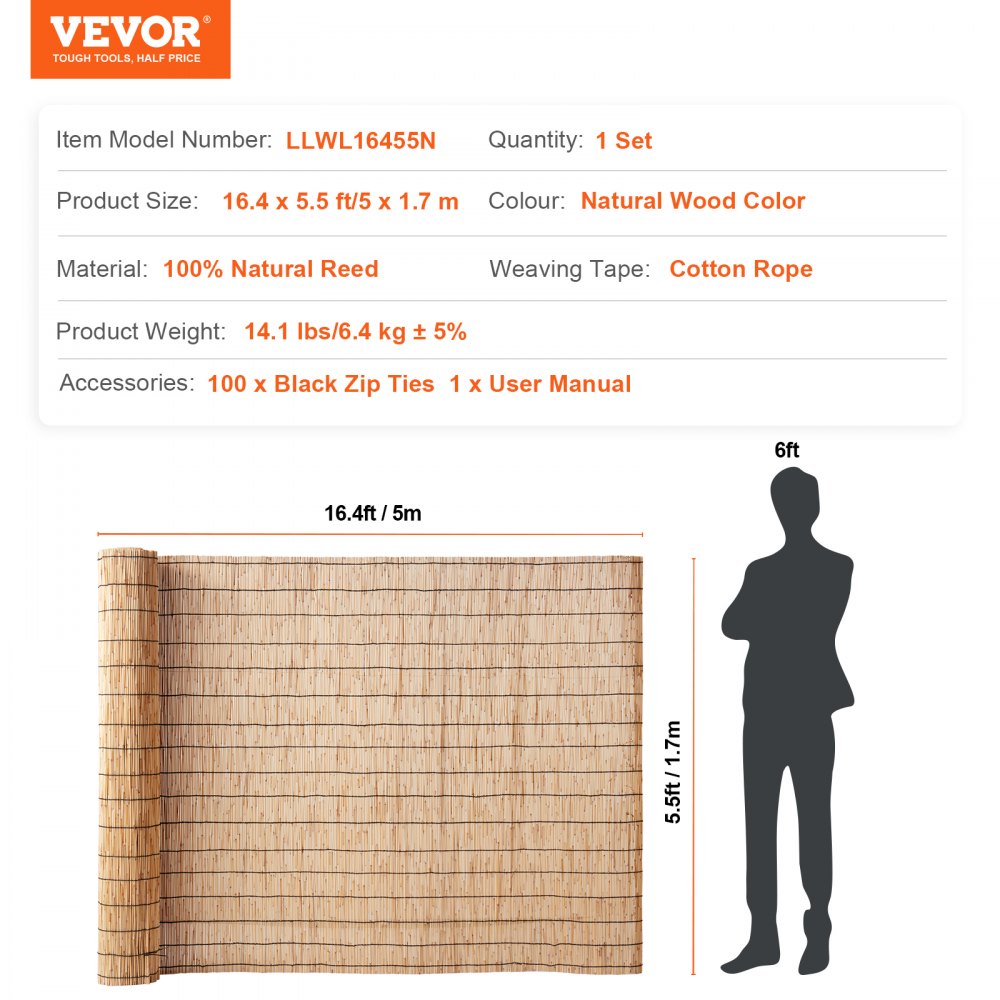 LLWL16455N - 16.4' x 5.5' Natural Reed Privacy Fencing Screen