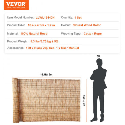 LLWL16440N - Durable 16.4' Natural Reed Privacy Fence, Easy Installation