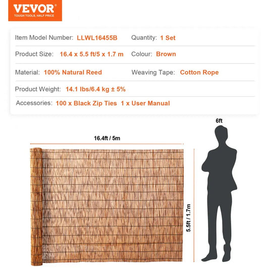 LLWL16455B - 16.4' Natural Reed Privacy Fence, Easy Install, Trim to Fit