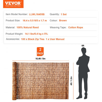 LLWL16440B2 - 16.4' Waterproof Natural Reed Fencing for Privacy and Décor