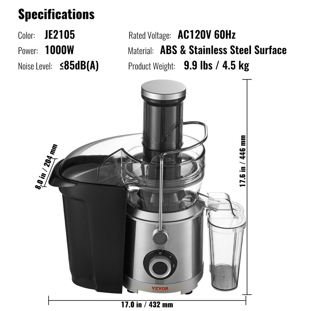 JE2105 - 1000W Centrifugal Juicer with 3" Feed Chute, BPA-Free