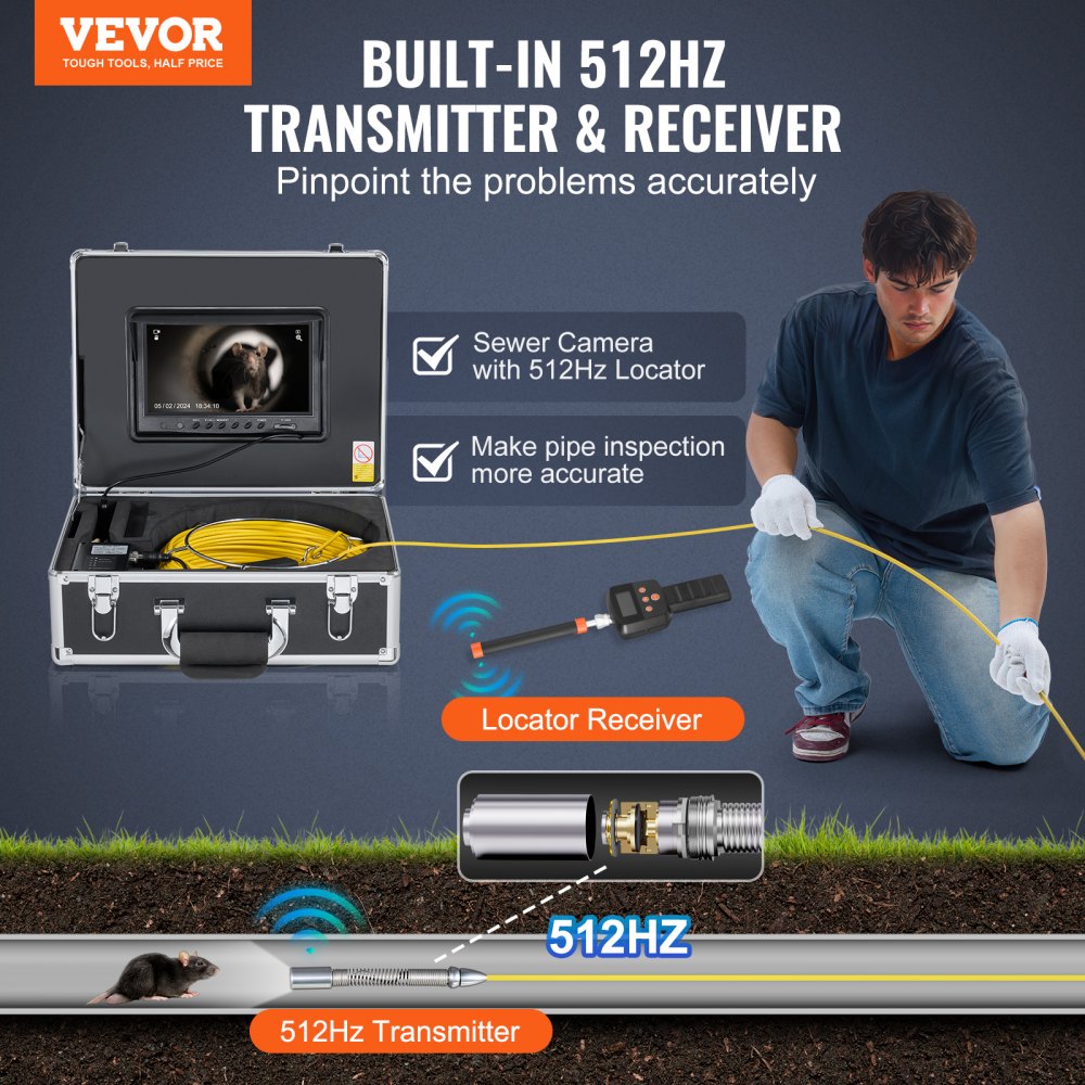 WP90FTR - 165FT HD Sewer Camera with 36X Zoom & Self-Leveling Function