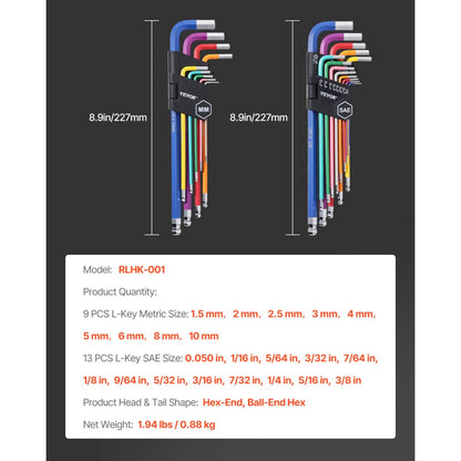 RLHK-001 - 22-Piece Long Arm Ball End Wrench Set with Color-Coded Storage