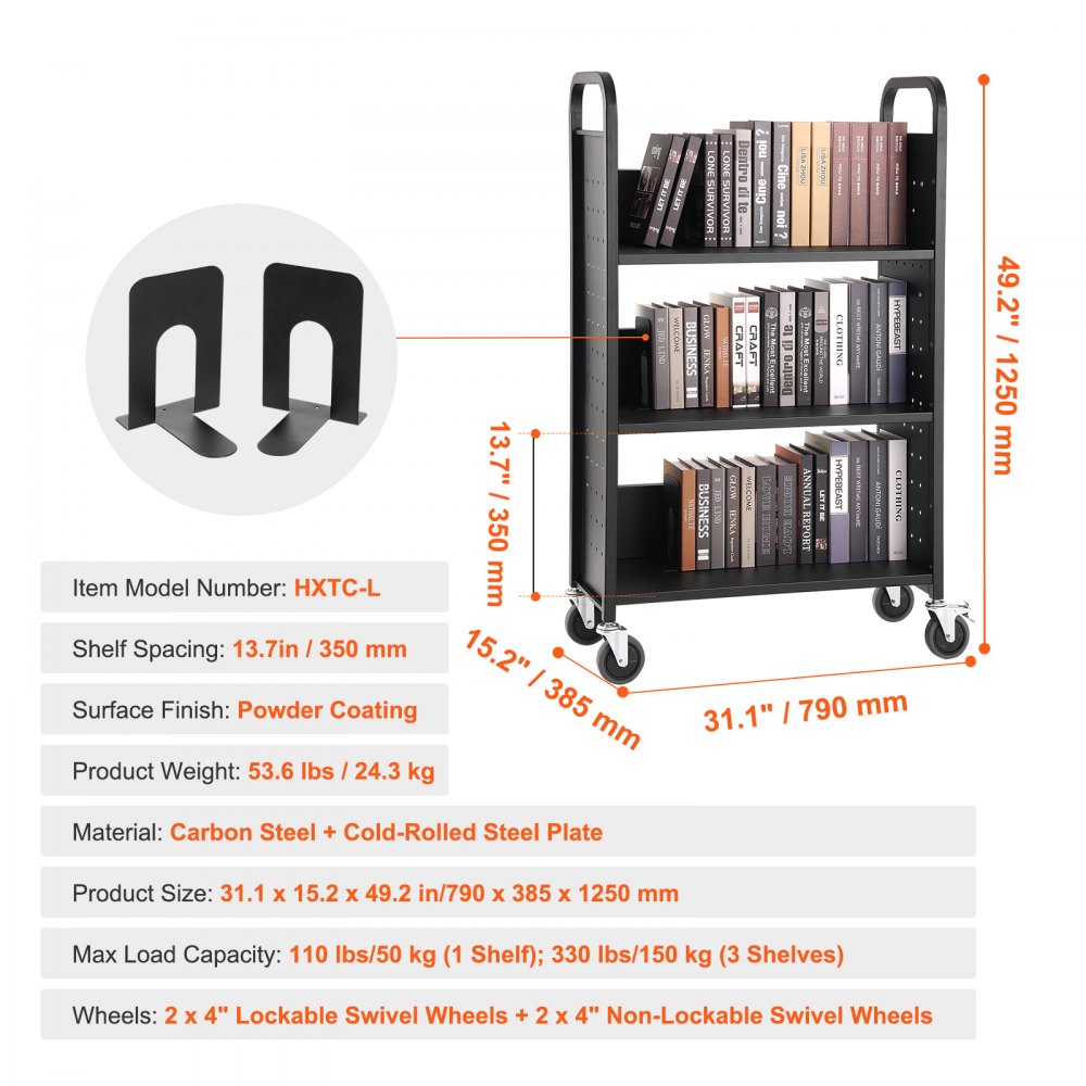 HXTC-L - Heavy-Duty Rolling Book Cart, 31.1" x 15.2" x 49.2"