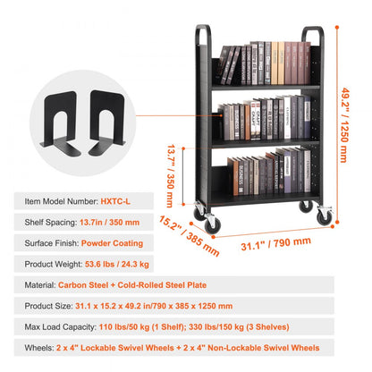 HXTC-L - Heavy-Duty Rolling Book Cart, 31.1" x 15.2" x 49.2"