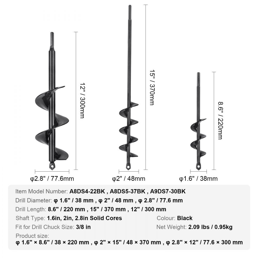 A8DS4-22BK + A8DS5-37BK + A9DS7-30BK - VEVOR Garden Auger Drill Bits Set of 3