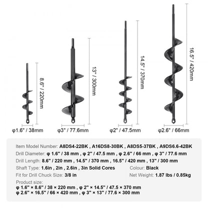 A8DS4-22BK - VEVOR 4-Piece Garden Auger Drill Bit Set, Efficient Soil Digging