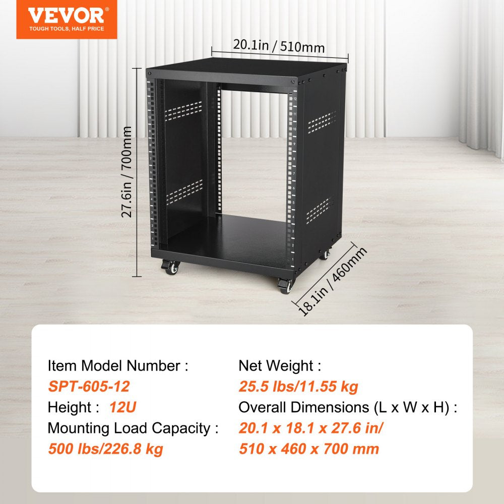 SPT-605-12 - 12U Steel Rack with Open Design and Lockable Casters