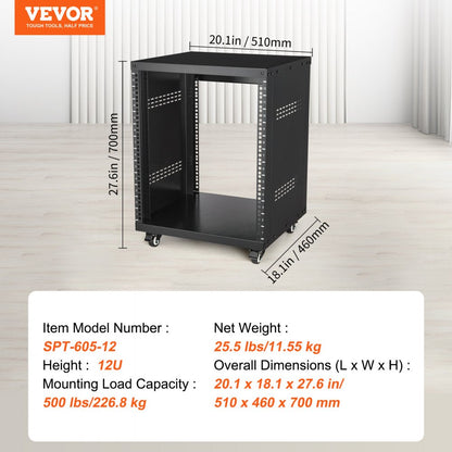 SPT-605-12 - 12U Steel Rack with Open Design and Lockable Casters
