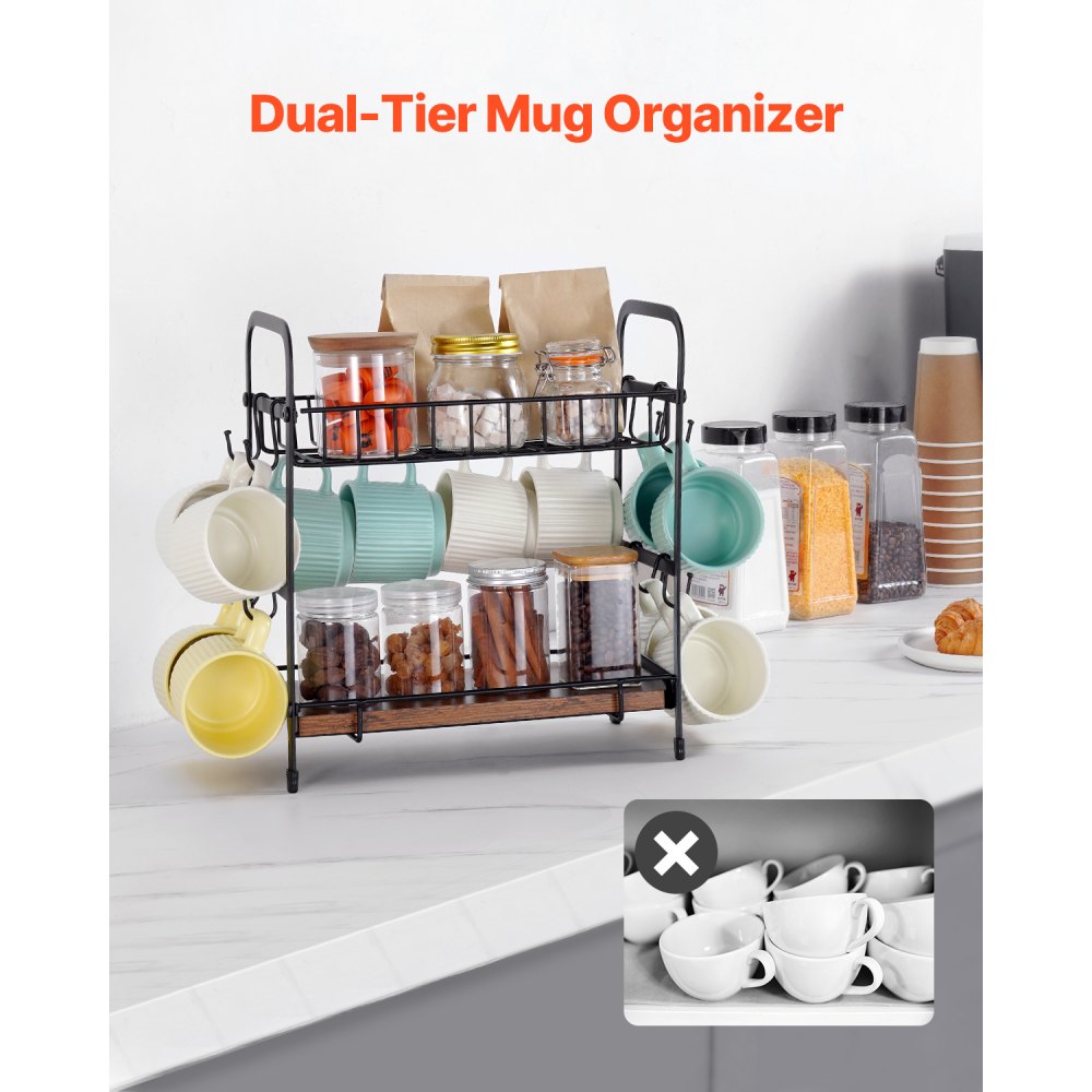 MUG-XM004 - Stylish 2-Tier Carbon Steel Coffee Organizer with 12 Hooks