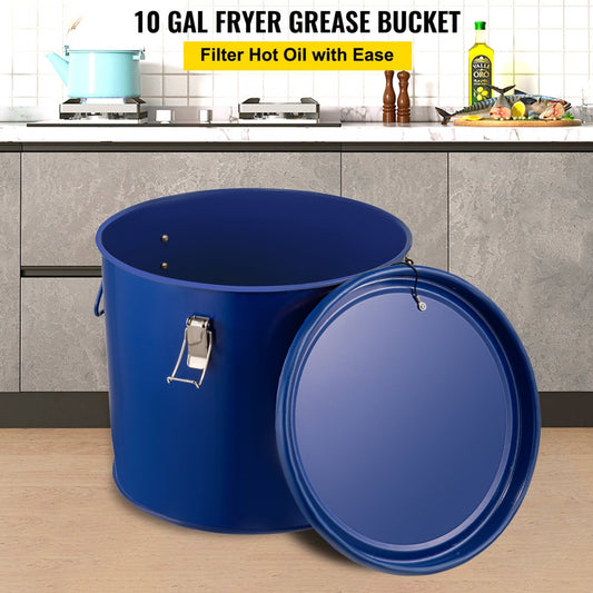 10 Gal Grease Bucket - Steel Oil Container with Filter Bag & Lock Clips