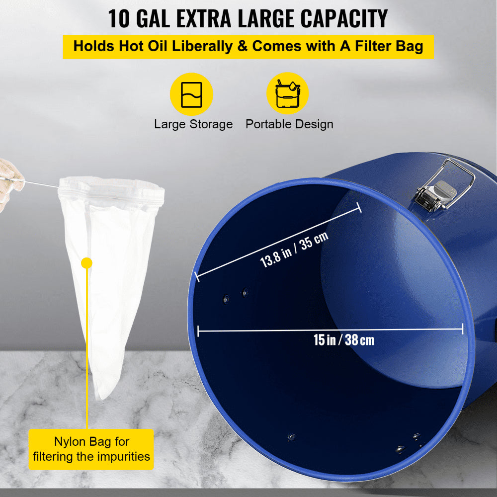 10 Gal Grease Bucket - Steel Oil Container with Filter Bag & Lock Clips